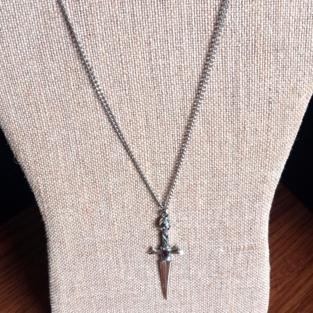 Silver Tone Gothic Skull on Warrior's Sword Medieval Renaissance Necklace